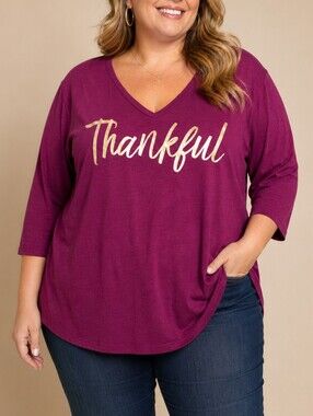 St. John's Bay "Thankful" Graphic Tee Magenta Womens Size 2X Fall Holiday Top